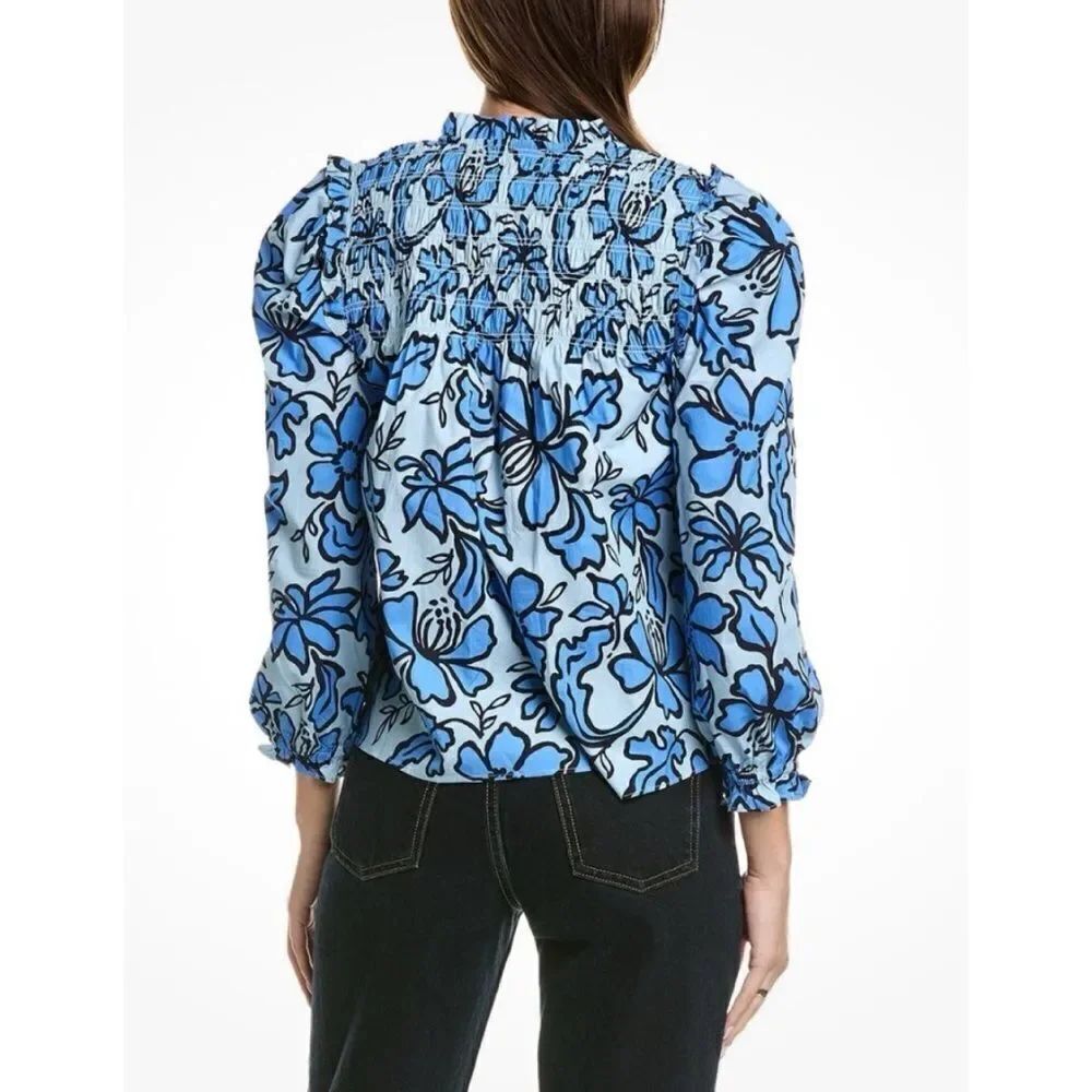 Sail to Sable Fall Floral Long Sleeve Tassel Front Top - Omphalodes/Blue Size L - Picture 3 of 8
